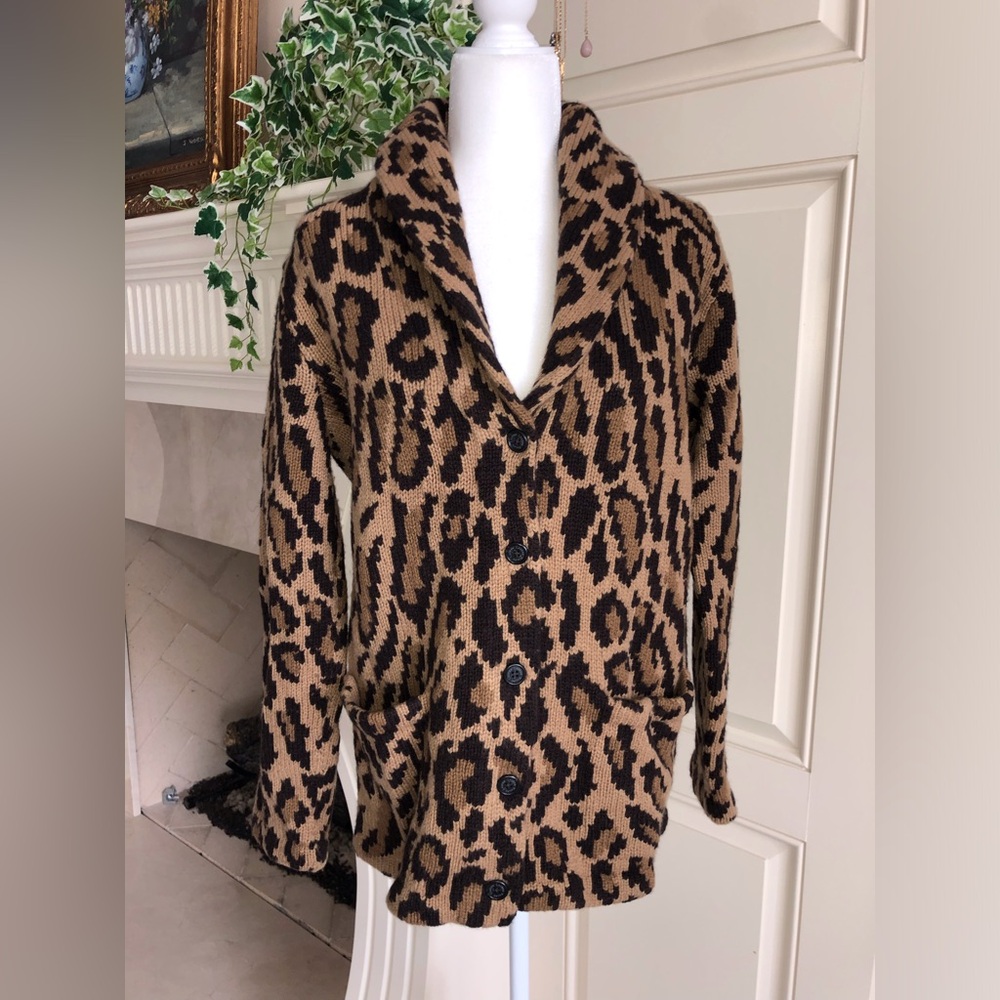 Lauren Ralph Hand Knit Intarsia Leopard Tan and Black Shawl Collar Cardigan M